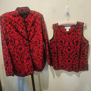 Women's Susan Graver Style NWT Red Blazer & Matching Top Black Velvet Texture M